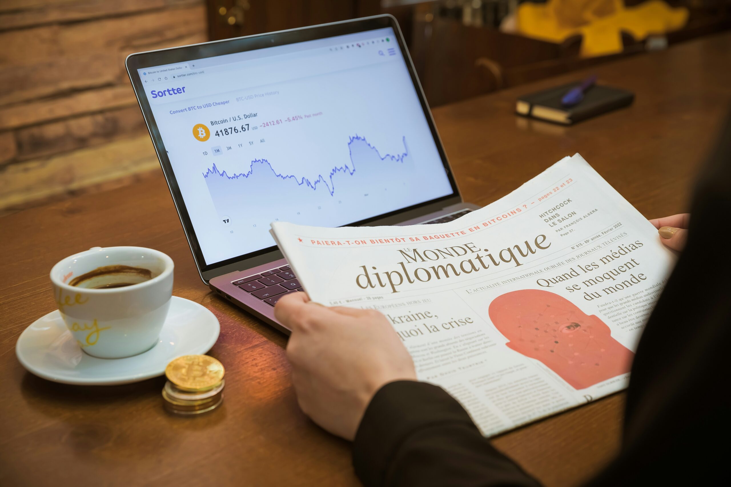 Drinking coffee in a coffee shop checking Le Monde Diplomatique from France